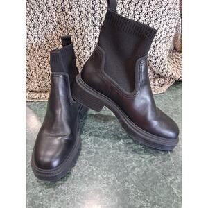 Zara Womens Ankle Boots Black Chunky Block Heel Ribbed Knit Sock Boot EU 39 US 8